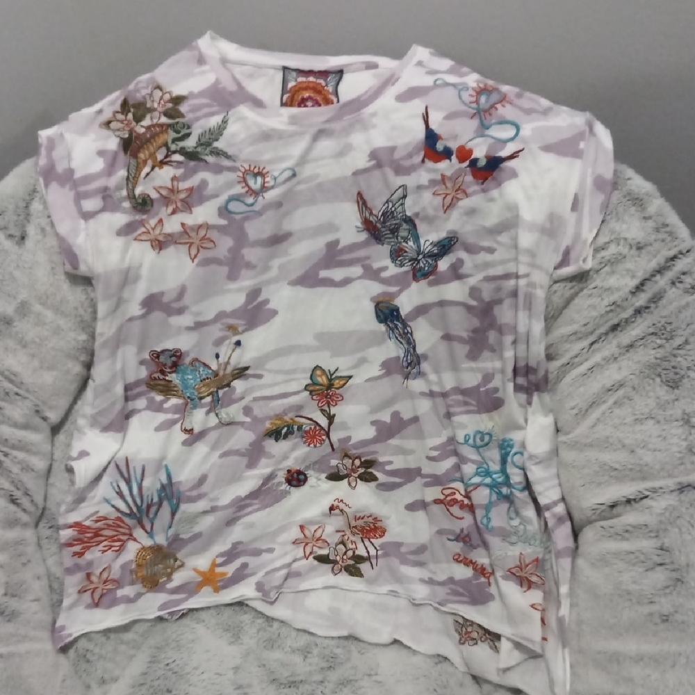 Johnny Was Purple and White Graphic Tee